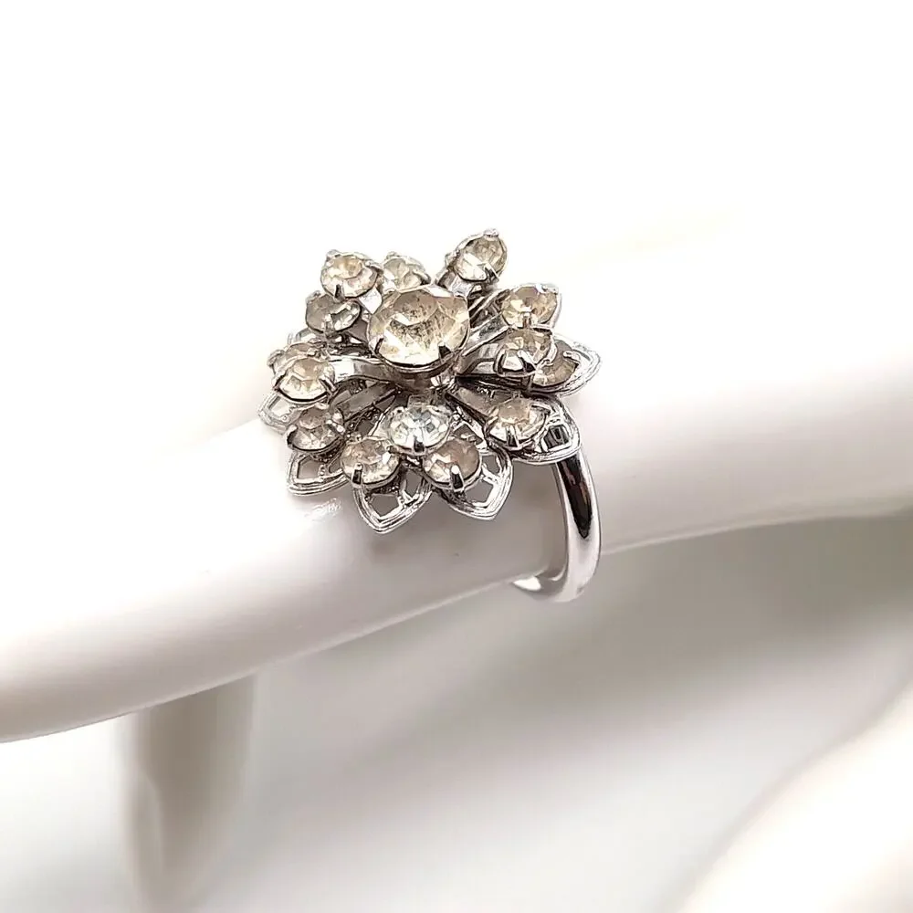 Vintage Ring, Signed Sarah Coventry, Cluster Silver Tone, Size 5 1/2 Adjustable